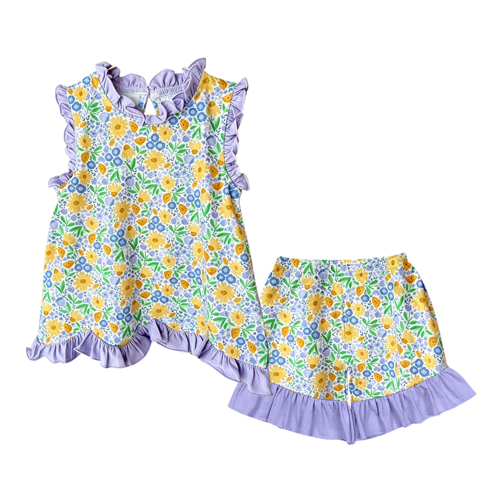 Yellow flowers top matching shorts girls summer outfit preorder
