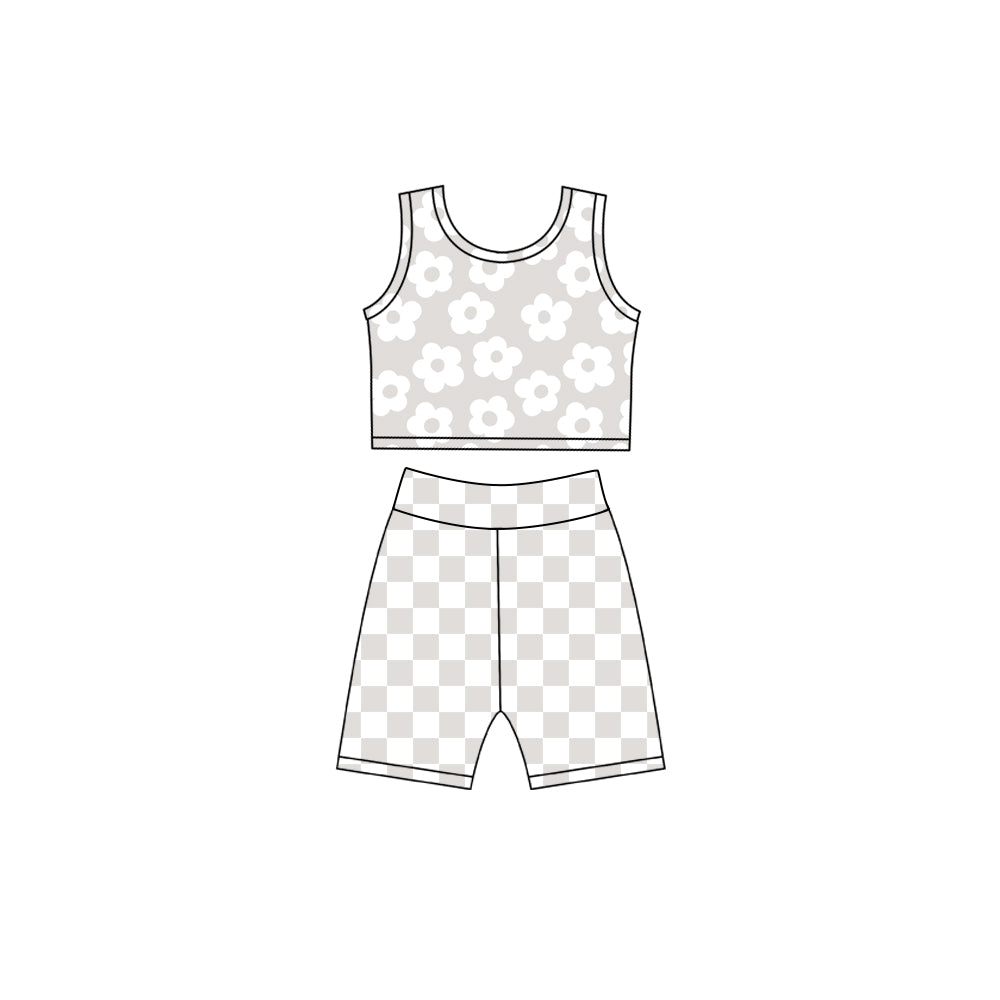 Grey Flowers tank top matching shorts girls summer yoga outfit preorder