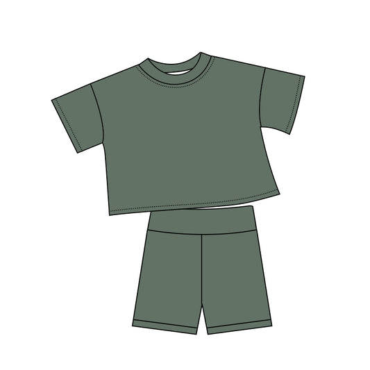 Dark green short sleeve top matching shorts girls summer outfit preorder