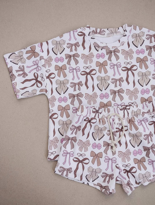 Girl short sleeve brown bow top matching shorts summer outfit preorder