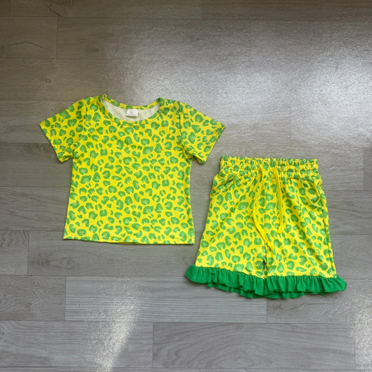 Green leopard design top matching shorts girls summer outfit preorder