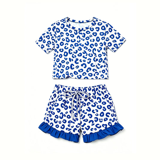 Blue leopard design top matching shorts girls summer outfit preorder