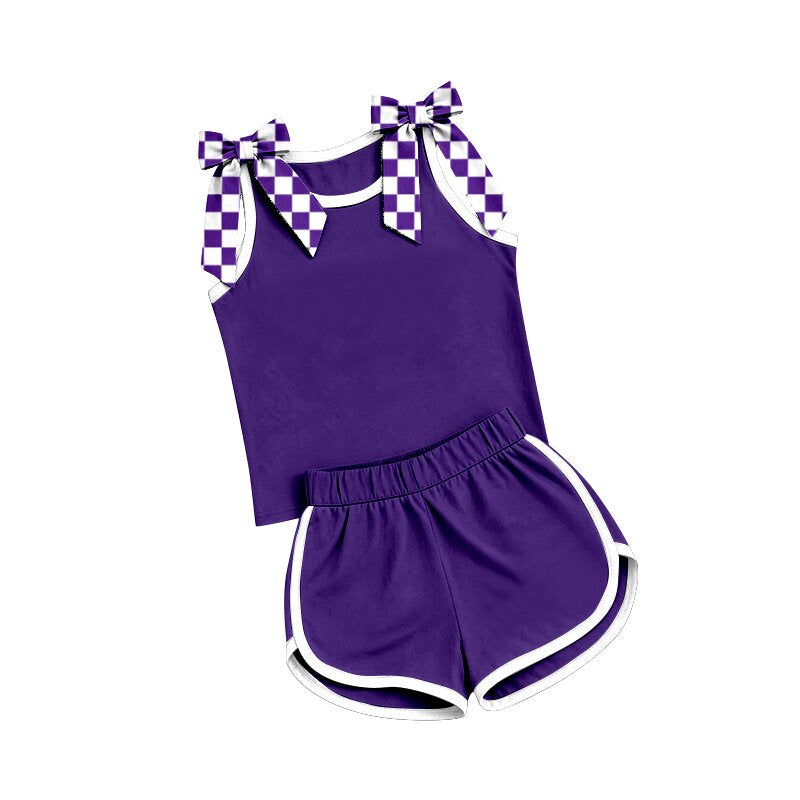 Purple plaid bow design top matching shorts girls summer outfit preorder