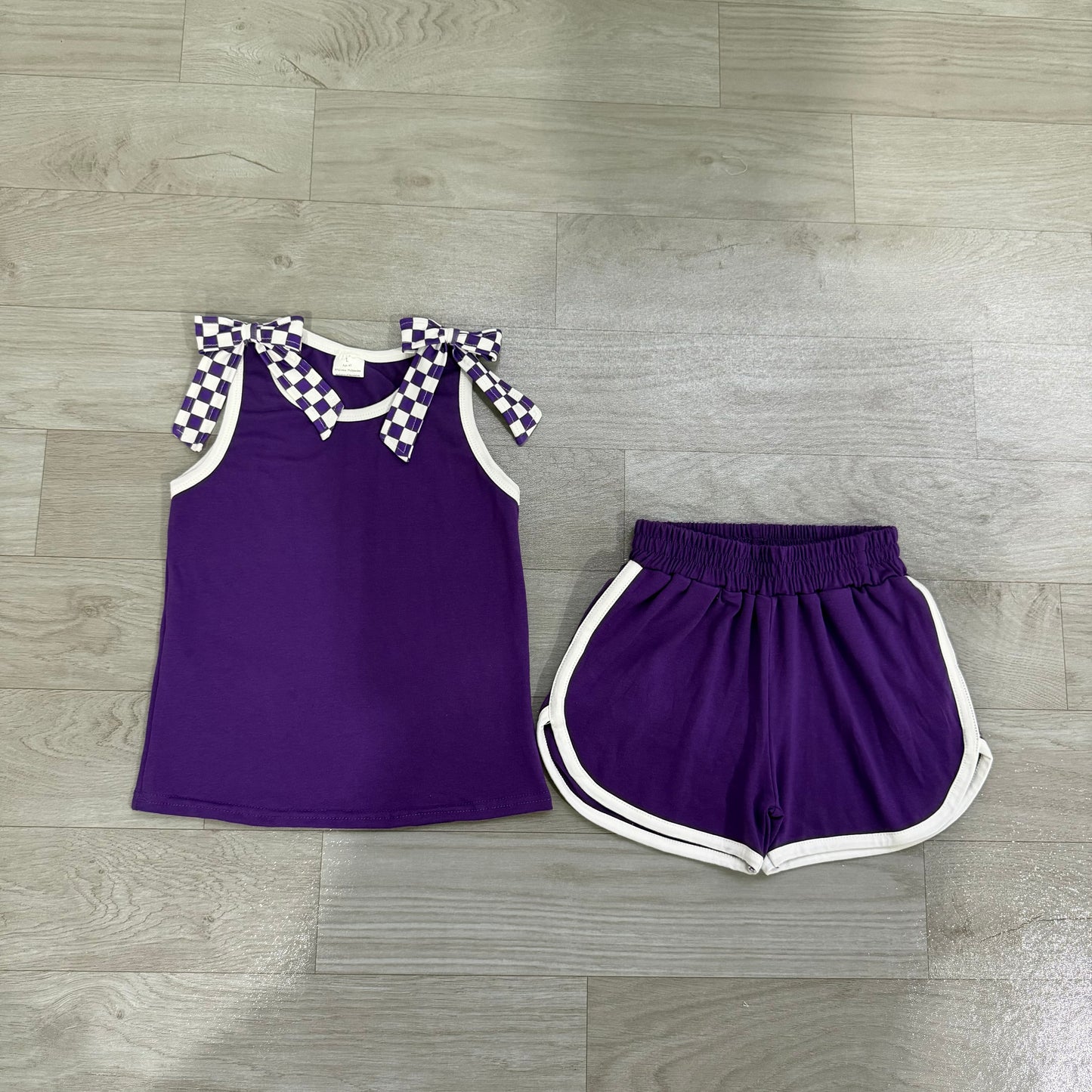 Purple plaid bow design top matching shorts girls summer outfit preorder
