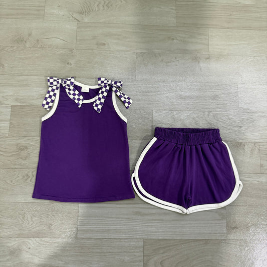 Purple plaid bow design top matching shorts girls summer outfit preorder