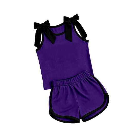 Purple black bow design top matching shorts girls summer outfit preorder