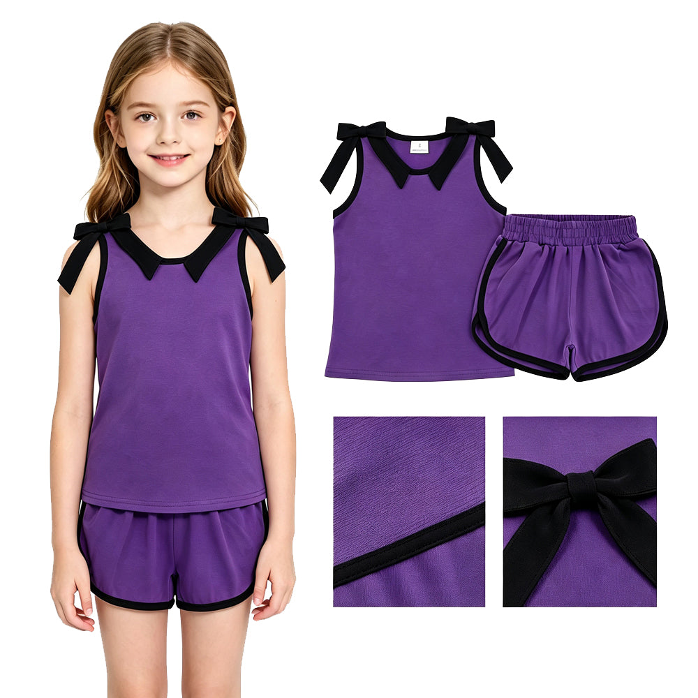 Purple black bow design top matching shorts girls summer outfit