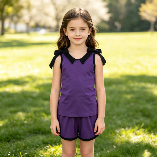 Purple black bow design top matching shorts girls summer outfit