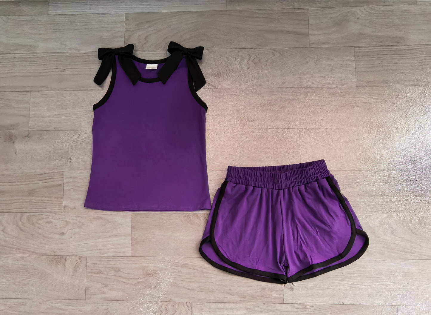 Purple black bow design top matching shorts girls summer outfit preorder