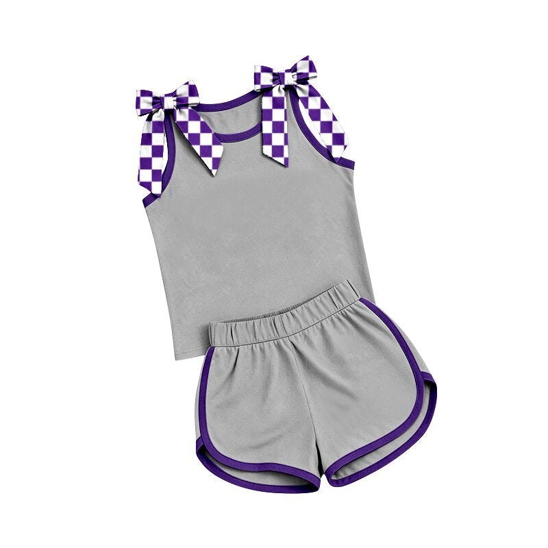Grey plaid bow design top matching shorts girls summer outfit preorder