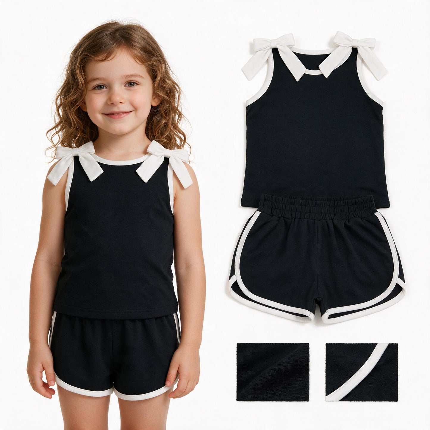 Black bow design top matching shorts girls summer outfit