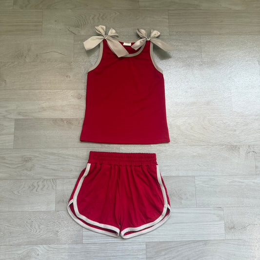 Maroon grey bow top matching shorts girls summer outfit preorder