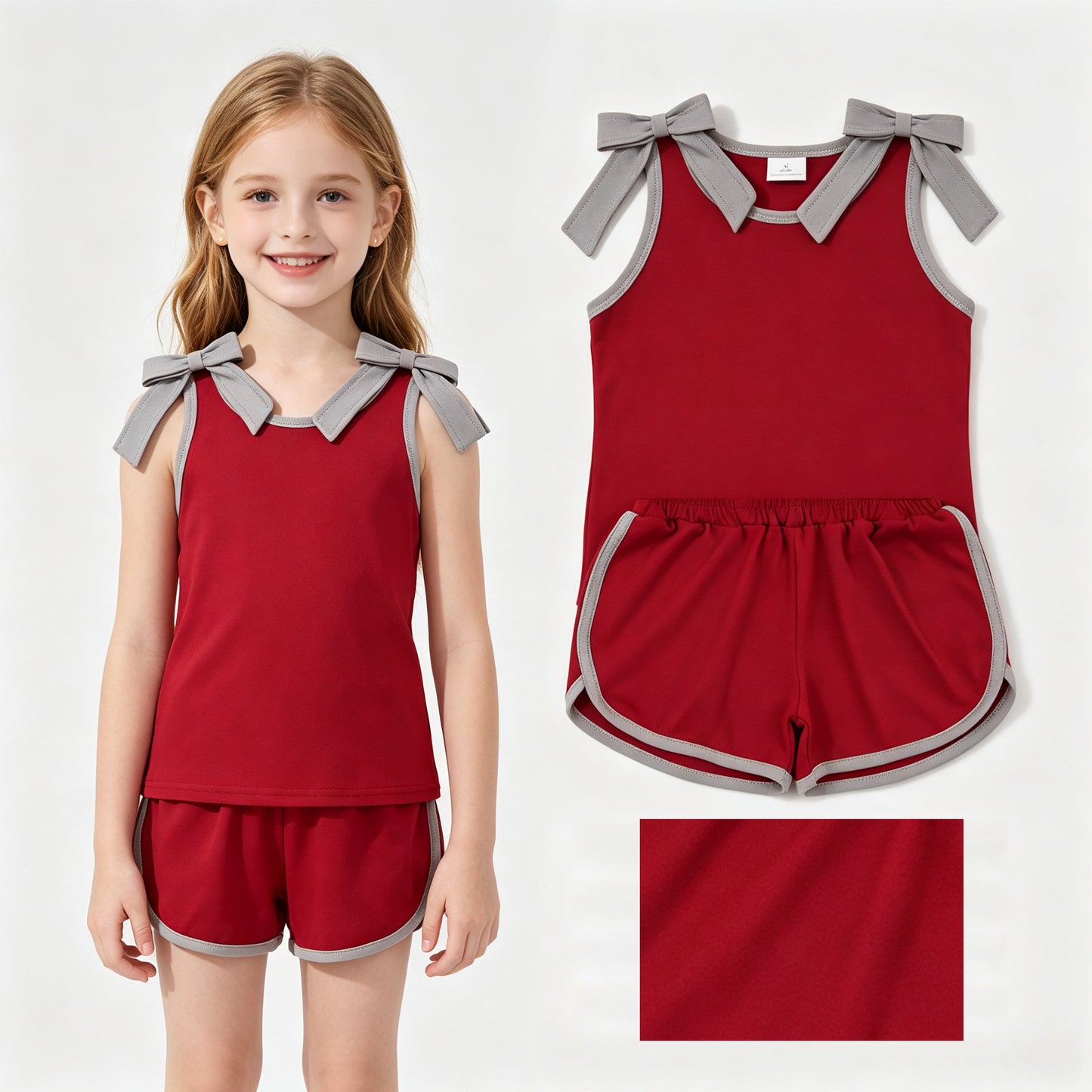 Maroon grey bow top matching shorts girls summer outfit