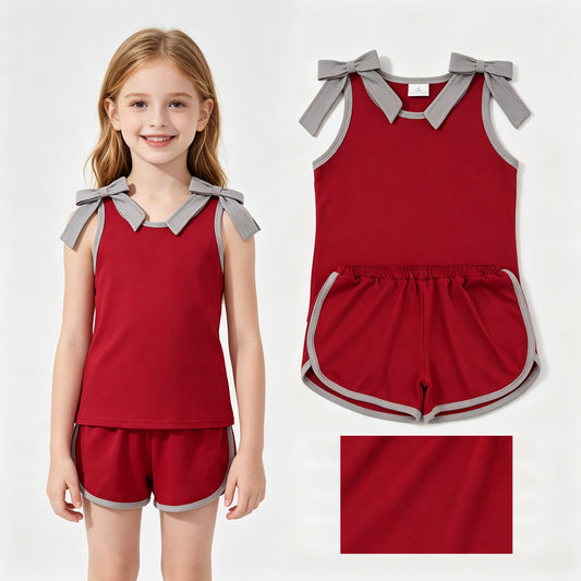 Maroon grey bow top matching shorts girls summer outfit