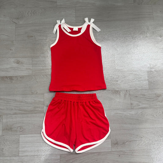 Red white bow top matching shorts girls summer outfit preorder