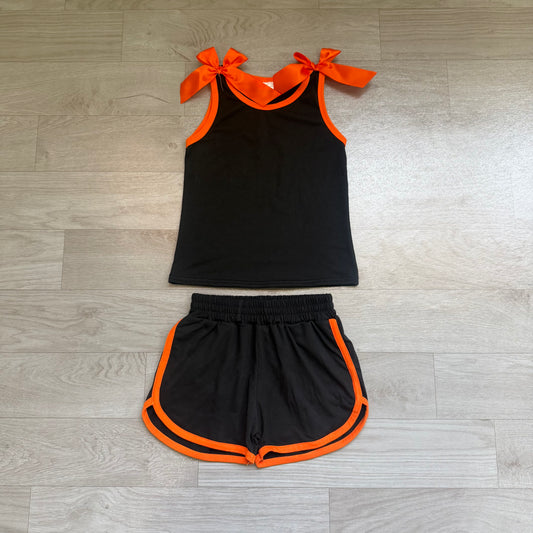 Black orange bow top matching shorts girls summer outfit preorder