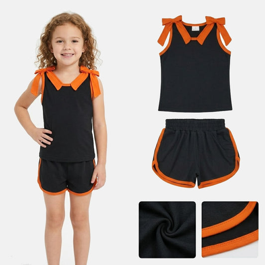 Black orange bow top matching shorts girls summer outfit