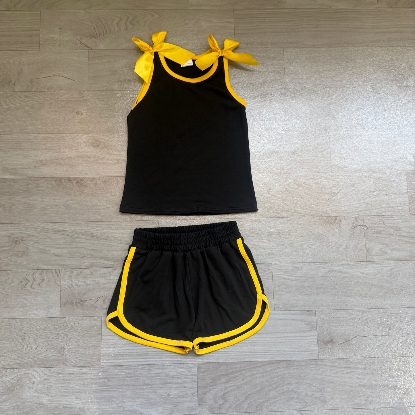 Black gold bow top matching shorts girls summer outfit preorder