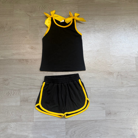 Black gold bow top matching shorts girls summer outfit preorder