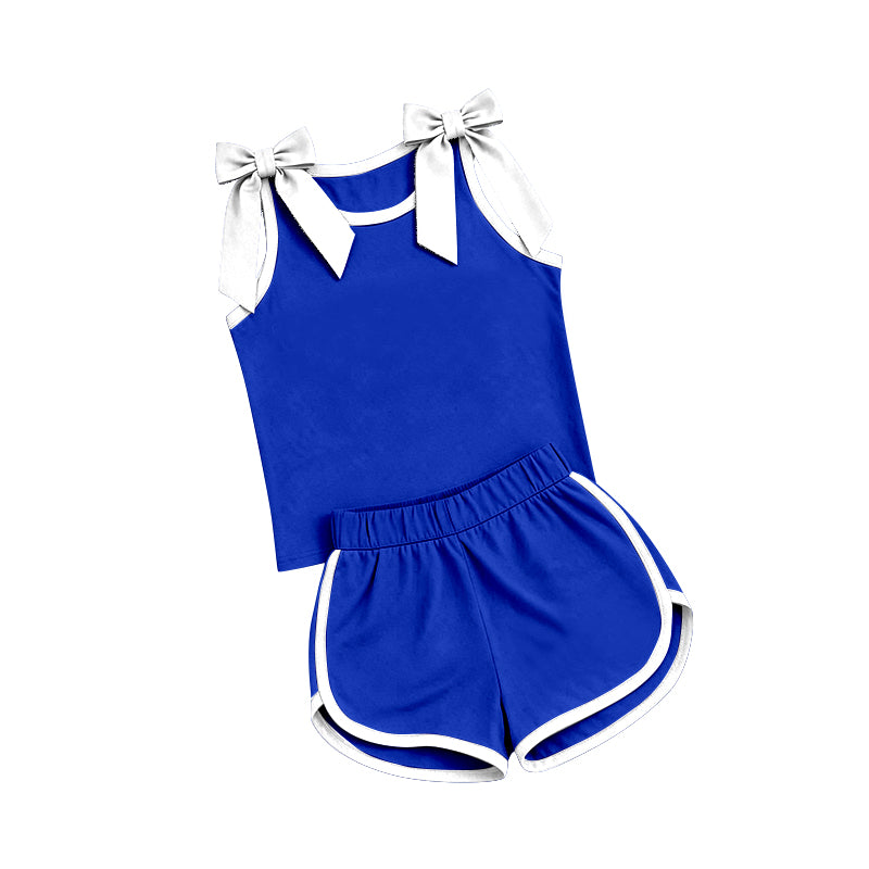 Blue white bow top matching shorts girls summer outfit preorder