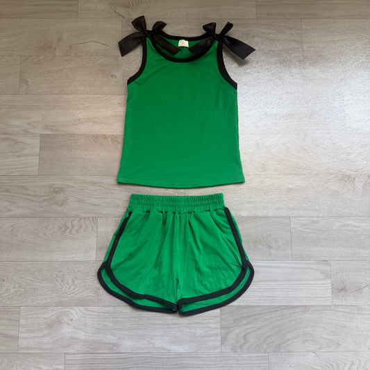 Green black bow top matching shorts girls summer outfit preorder