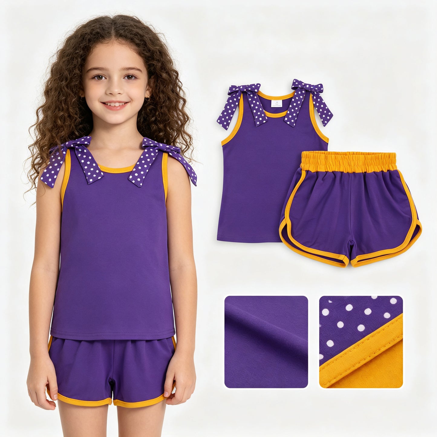 Purple dots bow top matching shorts girls summer outfit