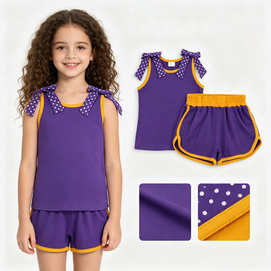 Purple dots bow top matching shorts girls summer outfit