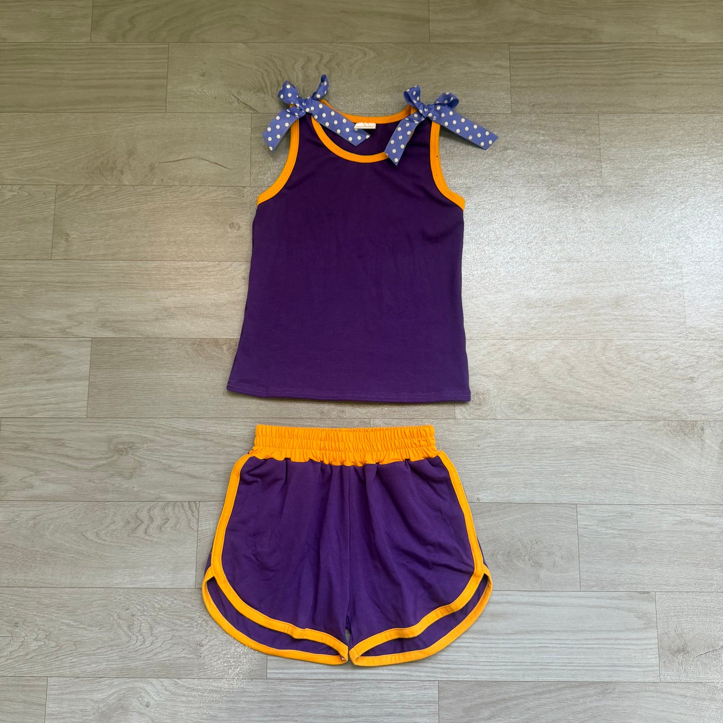 Purple dots bow top matching shorts girls summer outfit preorder