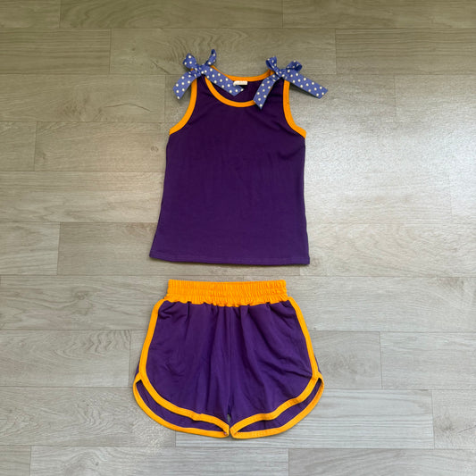 Purple dots bow top matching shorts girls summer outfit preorder
