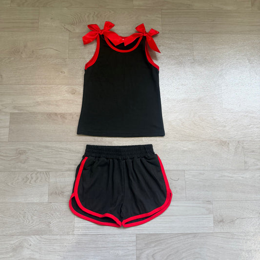 Black red bow top matching shorts girls summer outfit preorder