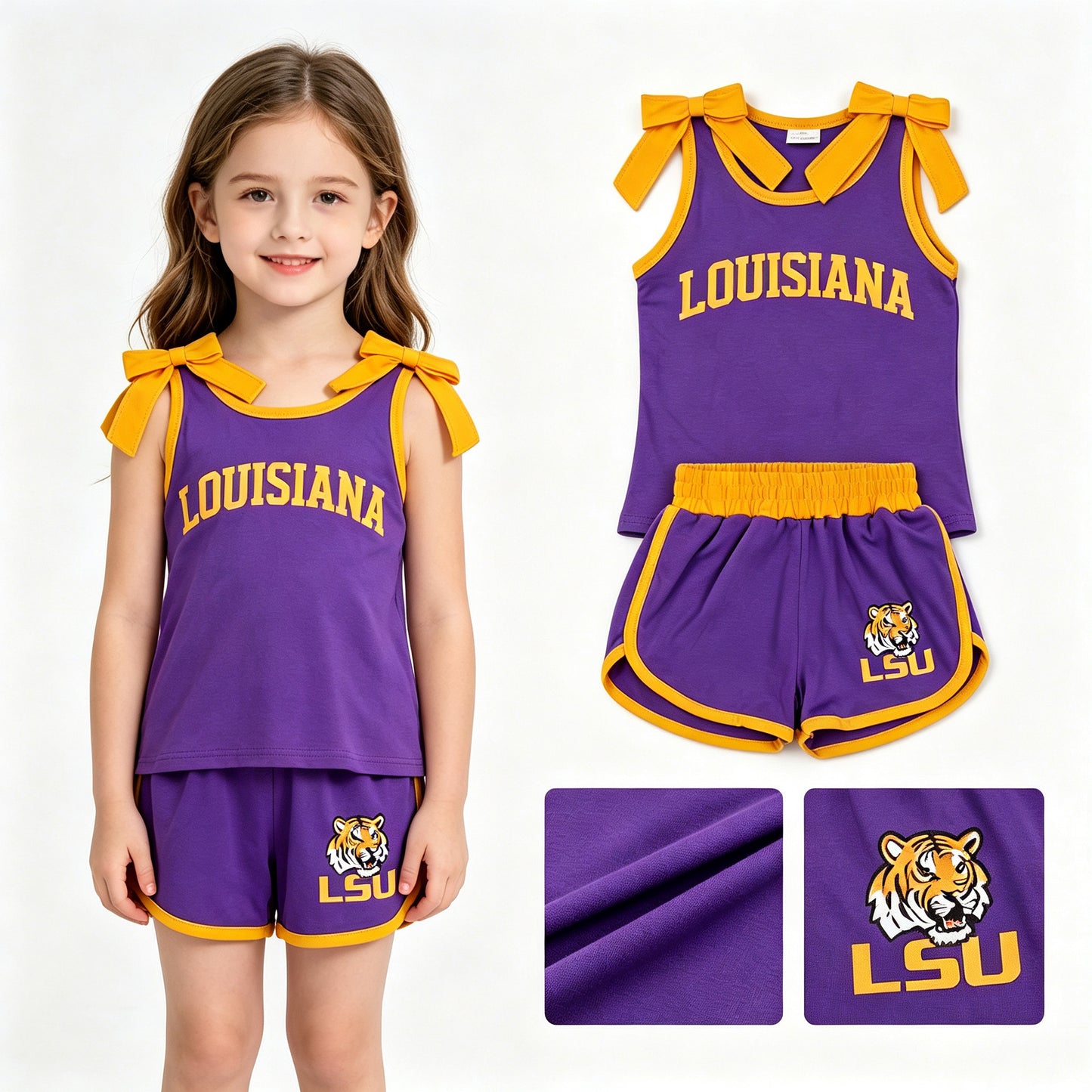 Louisiana team design cotton vinyl top matching shorts girls summer outfit