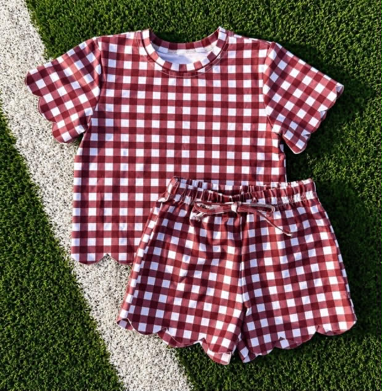 Red plaid design top matching shorts girls summer outfit preorder