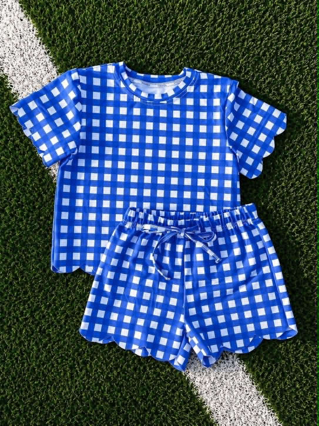 Blue plaid design top matching shorts girls summer outfit preorder