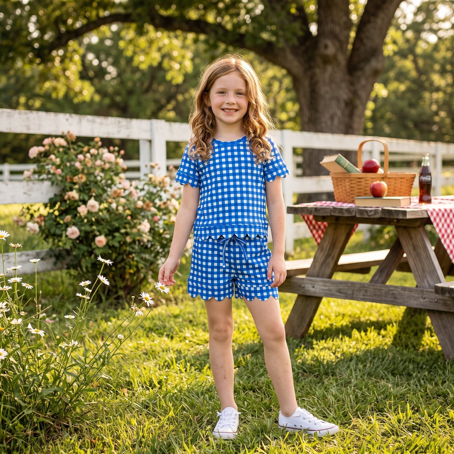 Blue plaid design top matching shorts girls summer outfit
