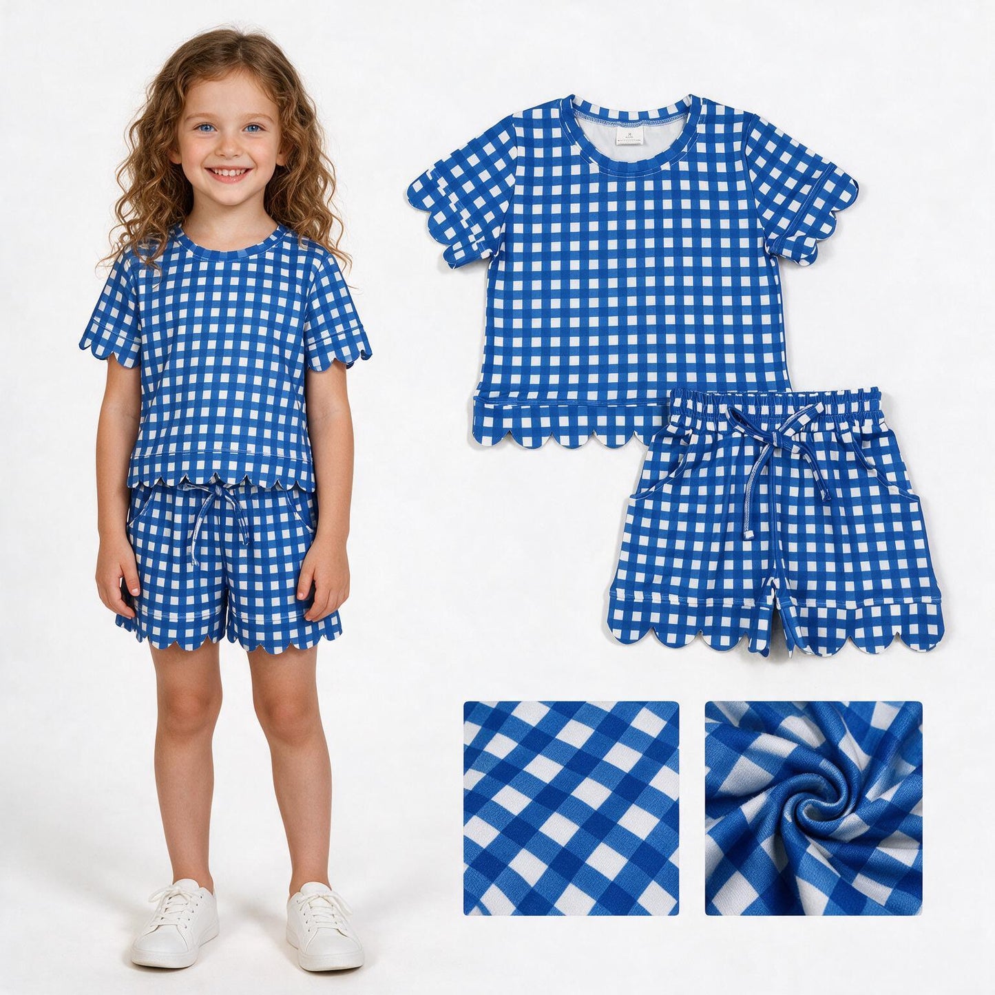 Blue plaid design top matching shorts girls summer outfit