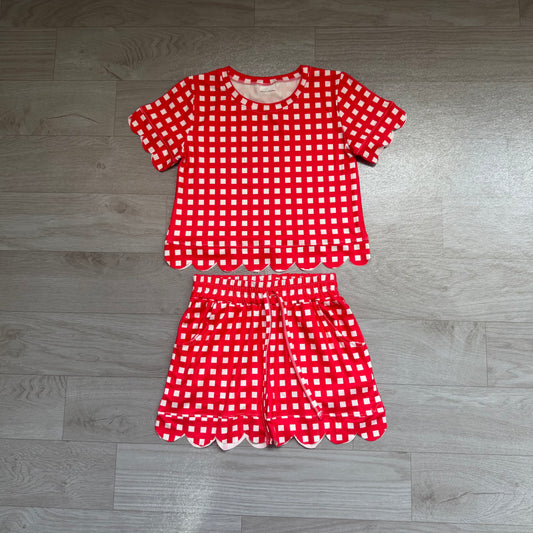 Red plaid design top matching shorts girls summer outfit preorder