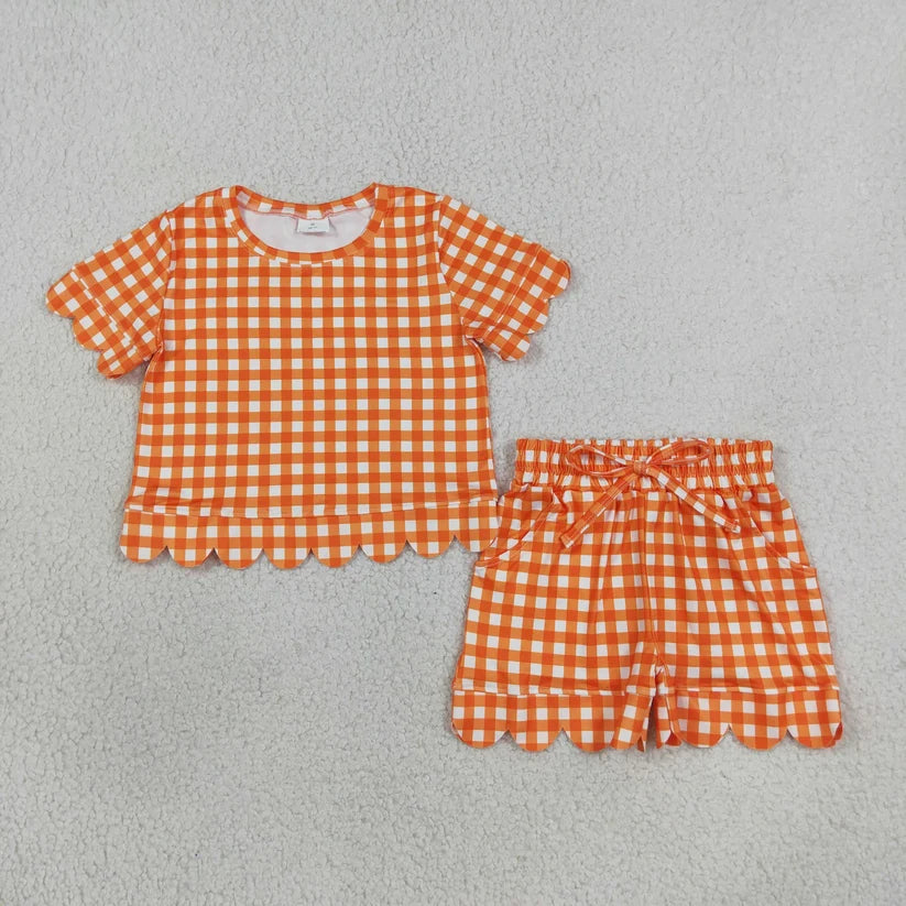 Blue plaid design top matching shorts girls summer outfit