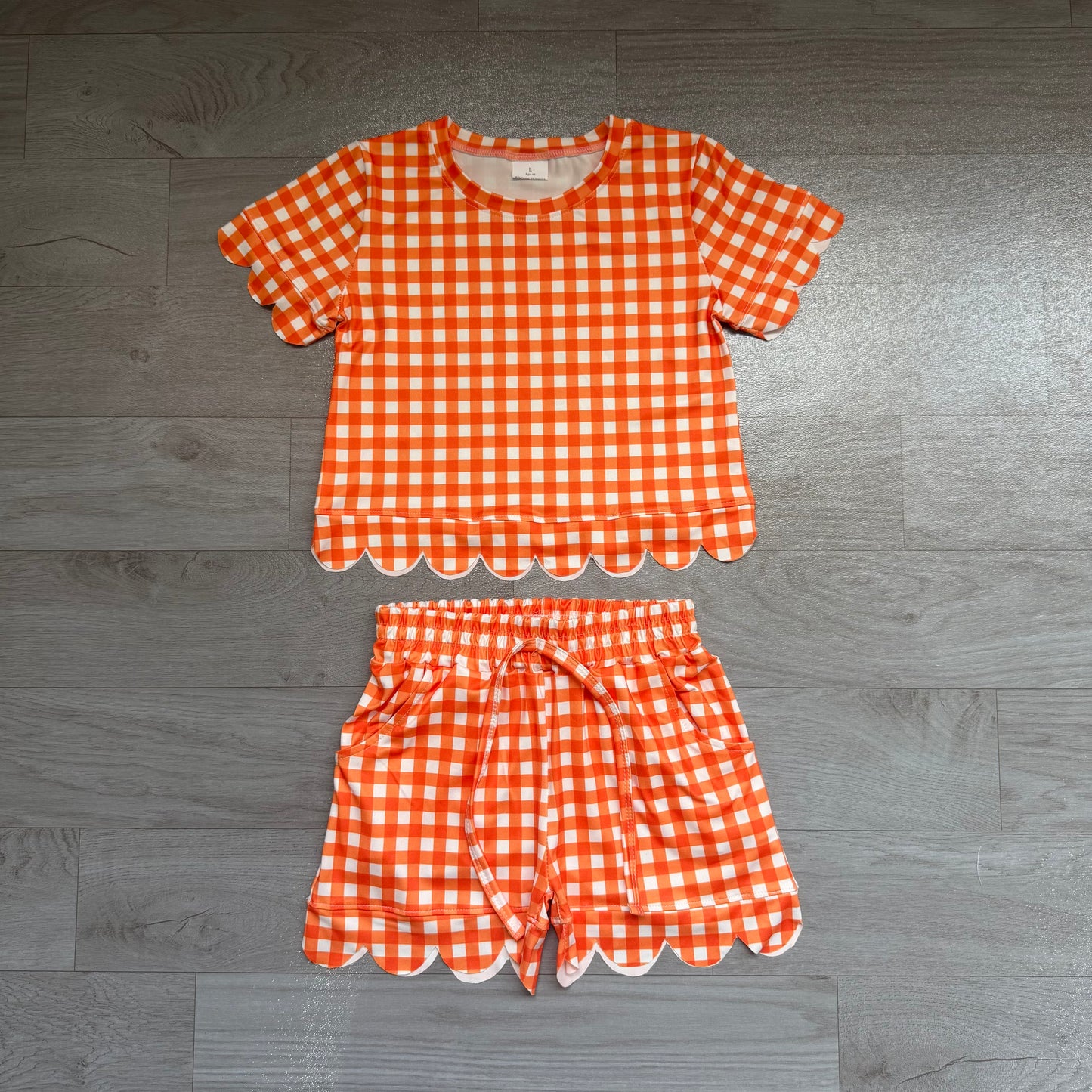 Orange plaid design top matching shorts girls summer outfit preorder