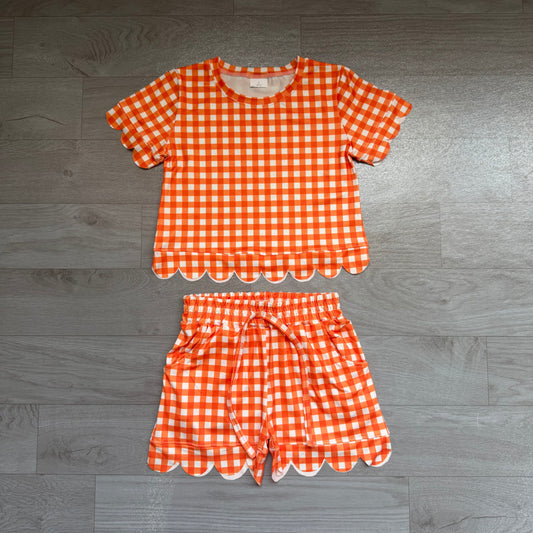 Orange plaid design top matching shorts girls summer outfit preorder