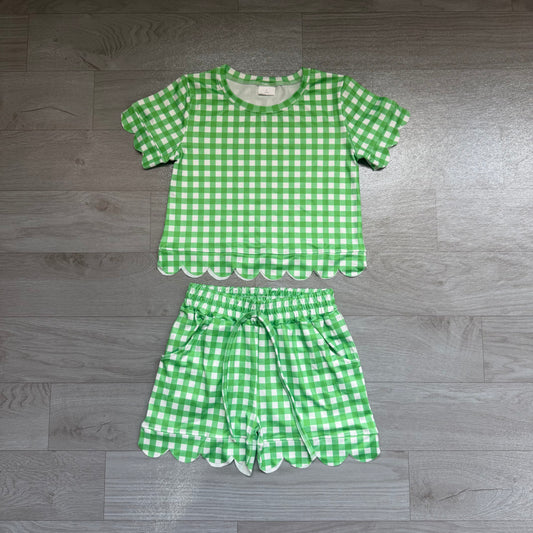 Green plaid design top matching shorts girls summer outfit preorder