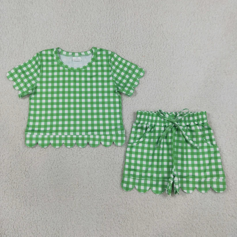 Blue plaid design top matching shorts girls summer outfit
