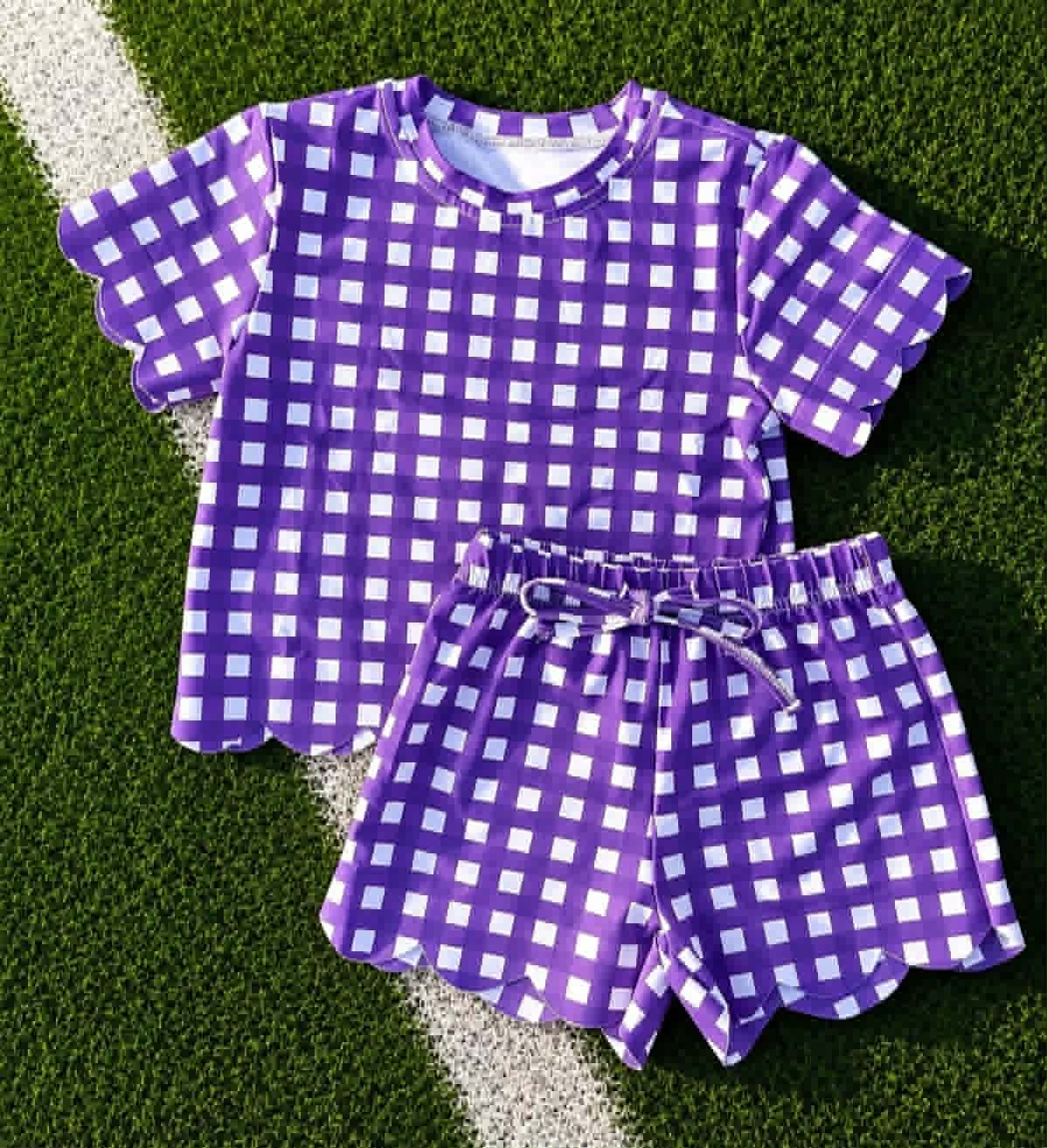 Purple plaid design top matching shorts girls summer outfit preorder