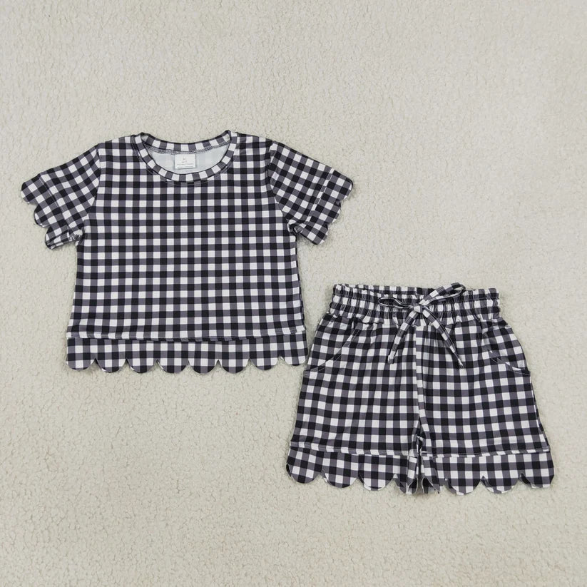 Blue plaid design top matching shorts girls summer outfit