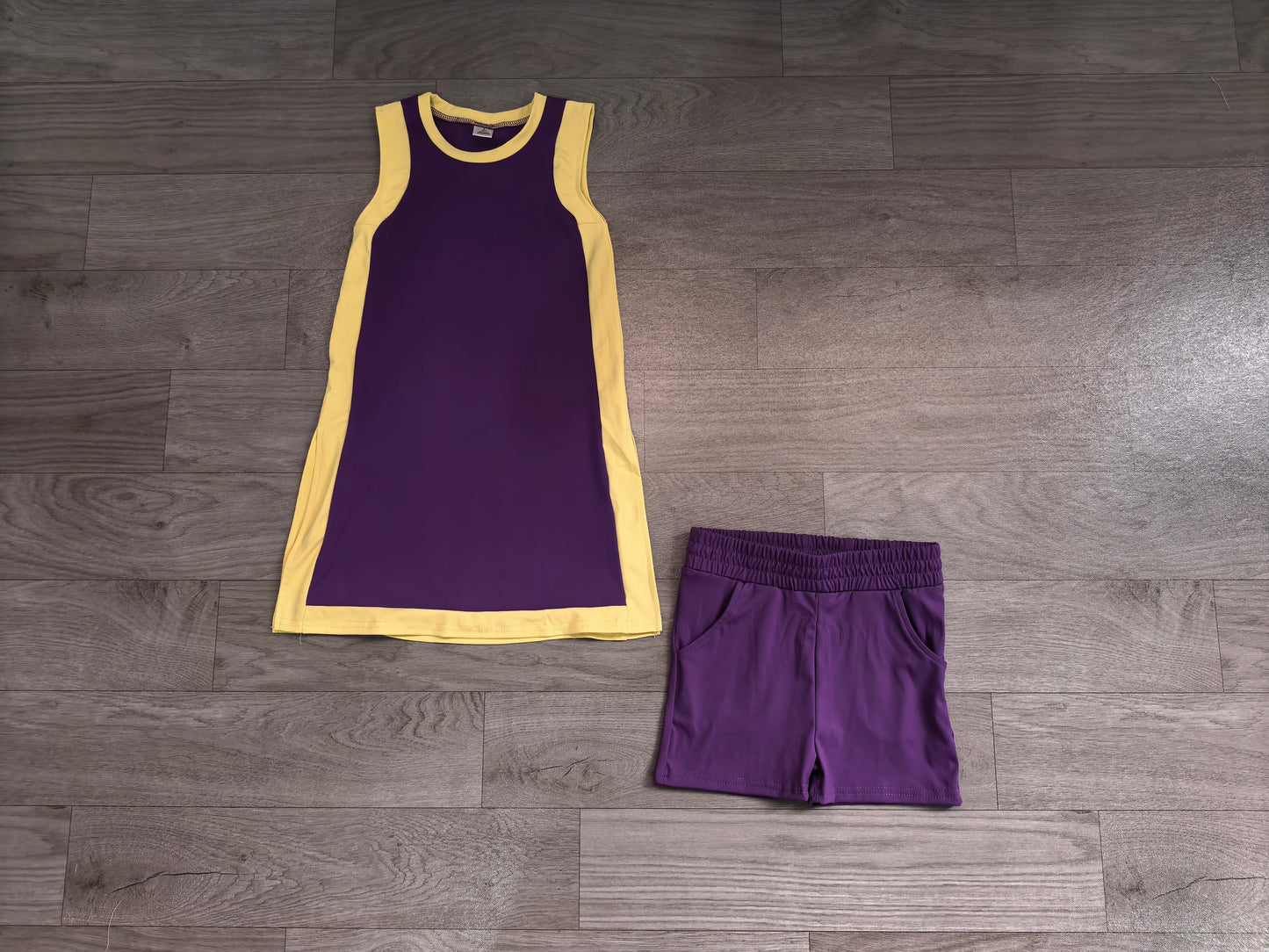 Purple sleeveless yoga pullover top matching shorts girls outfit preorder