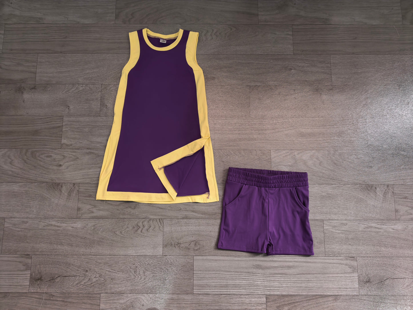 Purple sleeveless yoga pullover top matching shorts girls outfit preorder