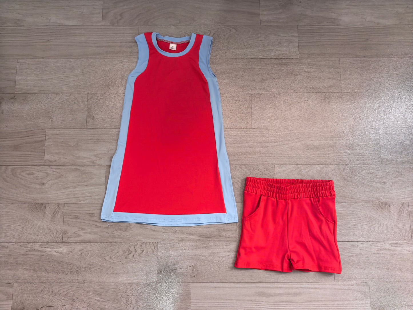 Red sleeveless yoga pullover top matching shorts girls outfit preorder