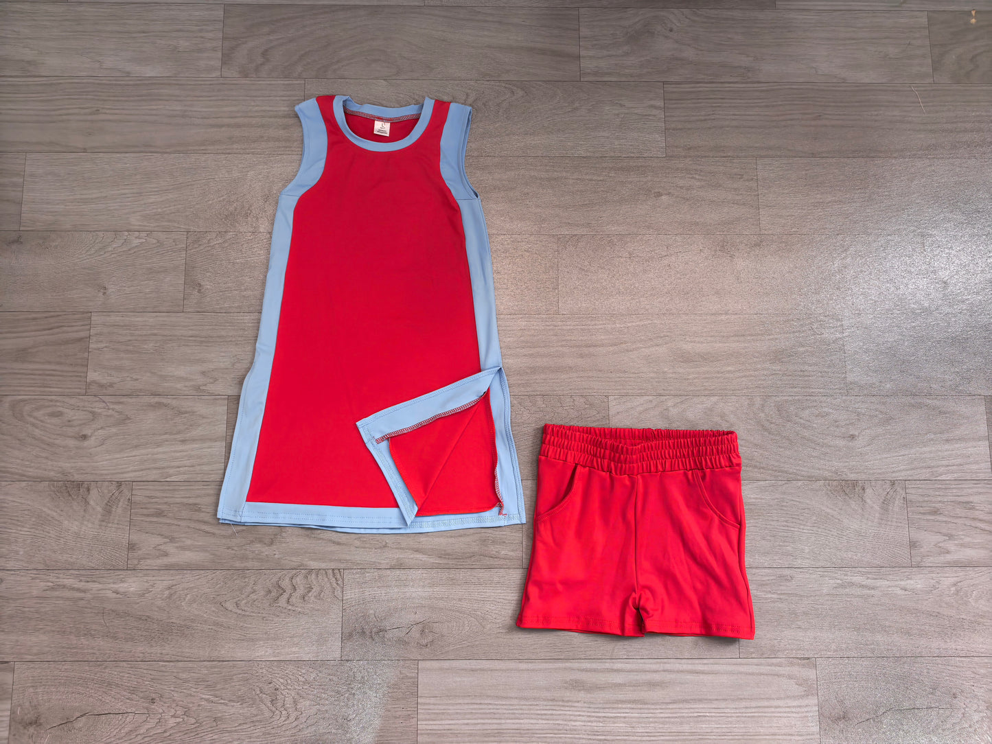 Red sleeveless yoga pullover top matching shorts girls outfit preorder