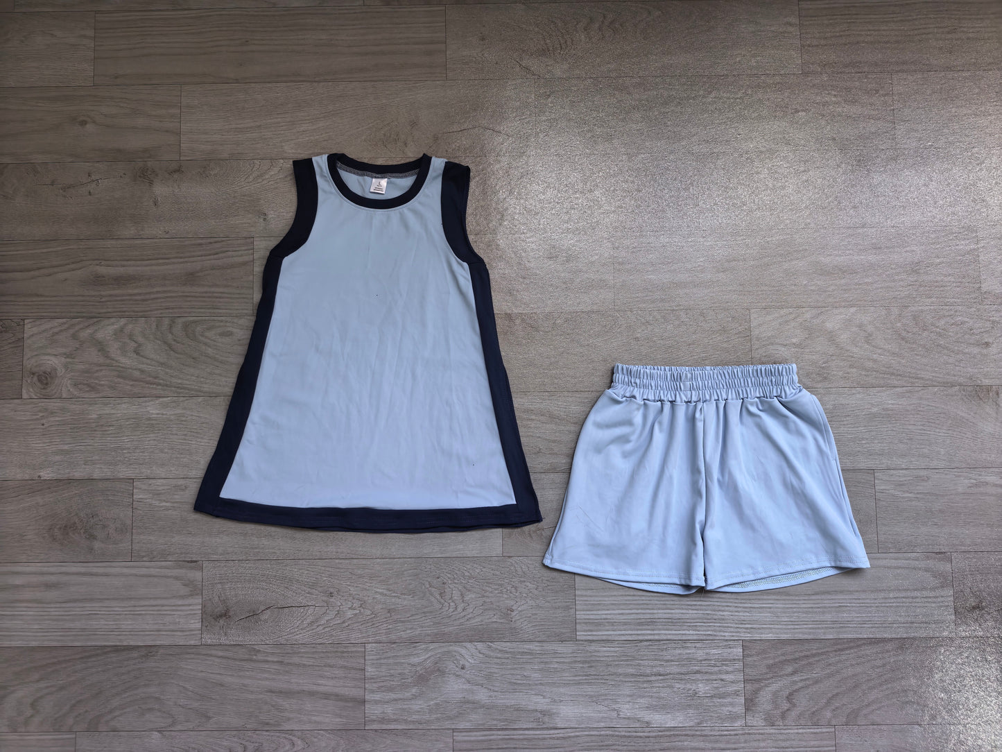 Blue sleeveless yoga pullover top matching shorts girls outfit preorder