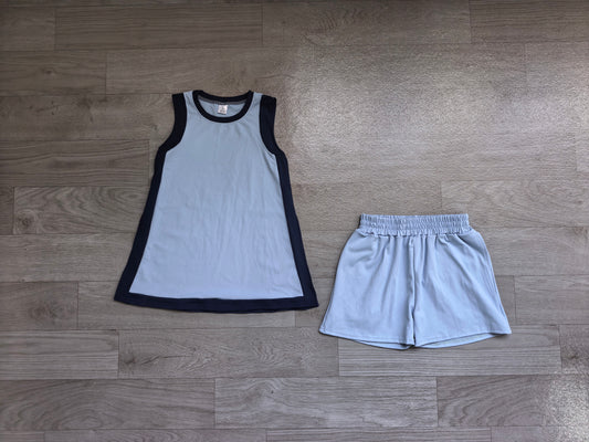 Blue sleeveless yoga pullover top matching shorts girls outfit preorder