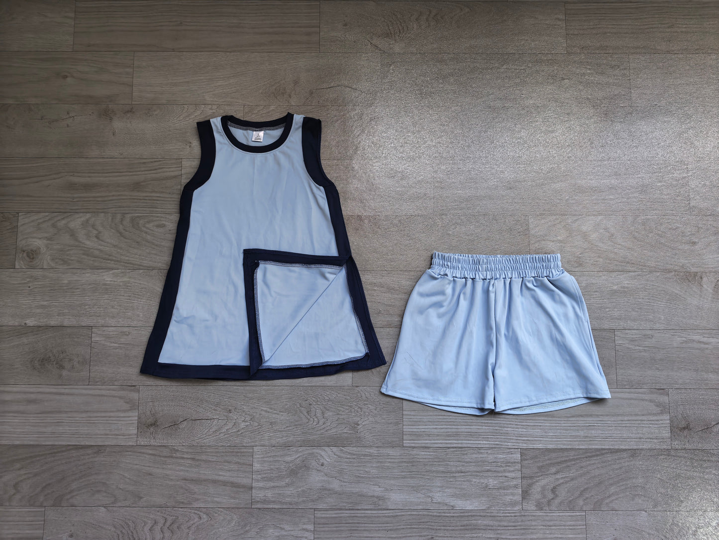 Blue sleeveless yoga pullover top matching shorts girls outfit preorder
